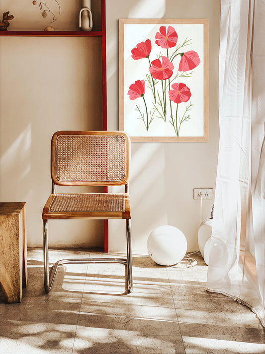 Pink Cosmos Flowers Simplified in Gouache