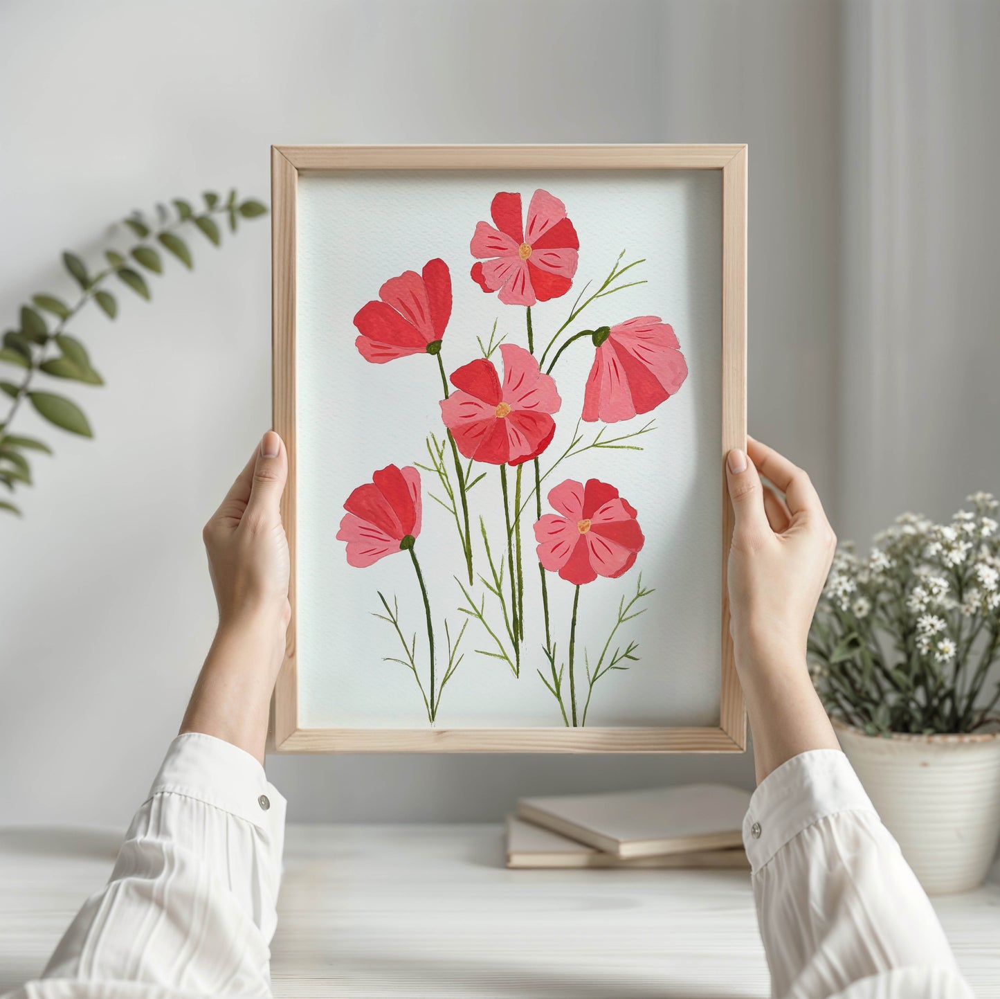 Pink Cosmos Flowers Simplified in Gouache