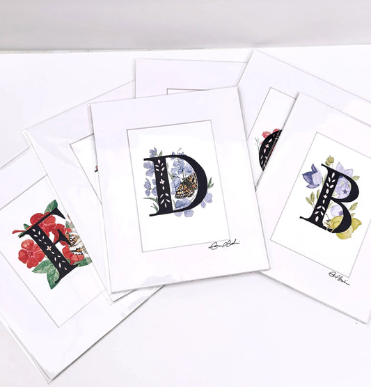 Hand Painted Letter Initials Prints of Original - Butterfly and Floral Themed