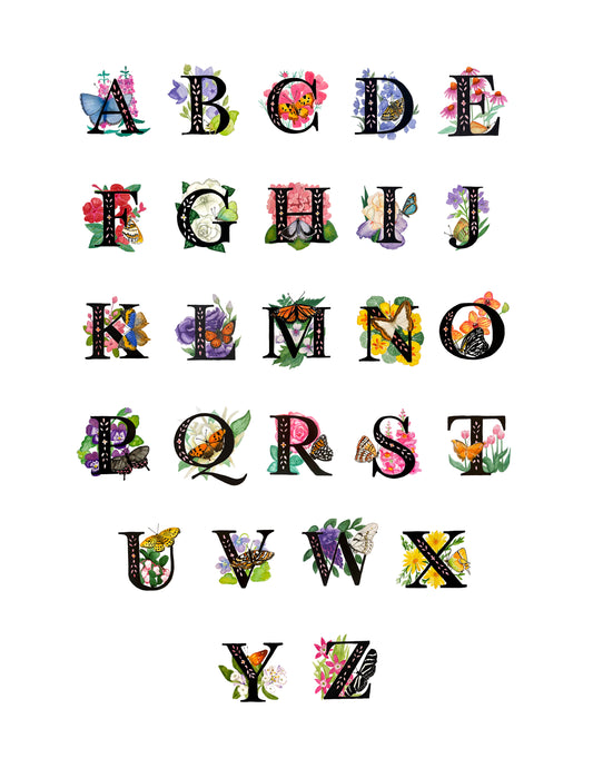 Hand Painted Letter Initials Prints of Original - Butterfly and Floral Themed