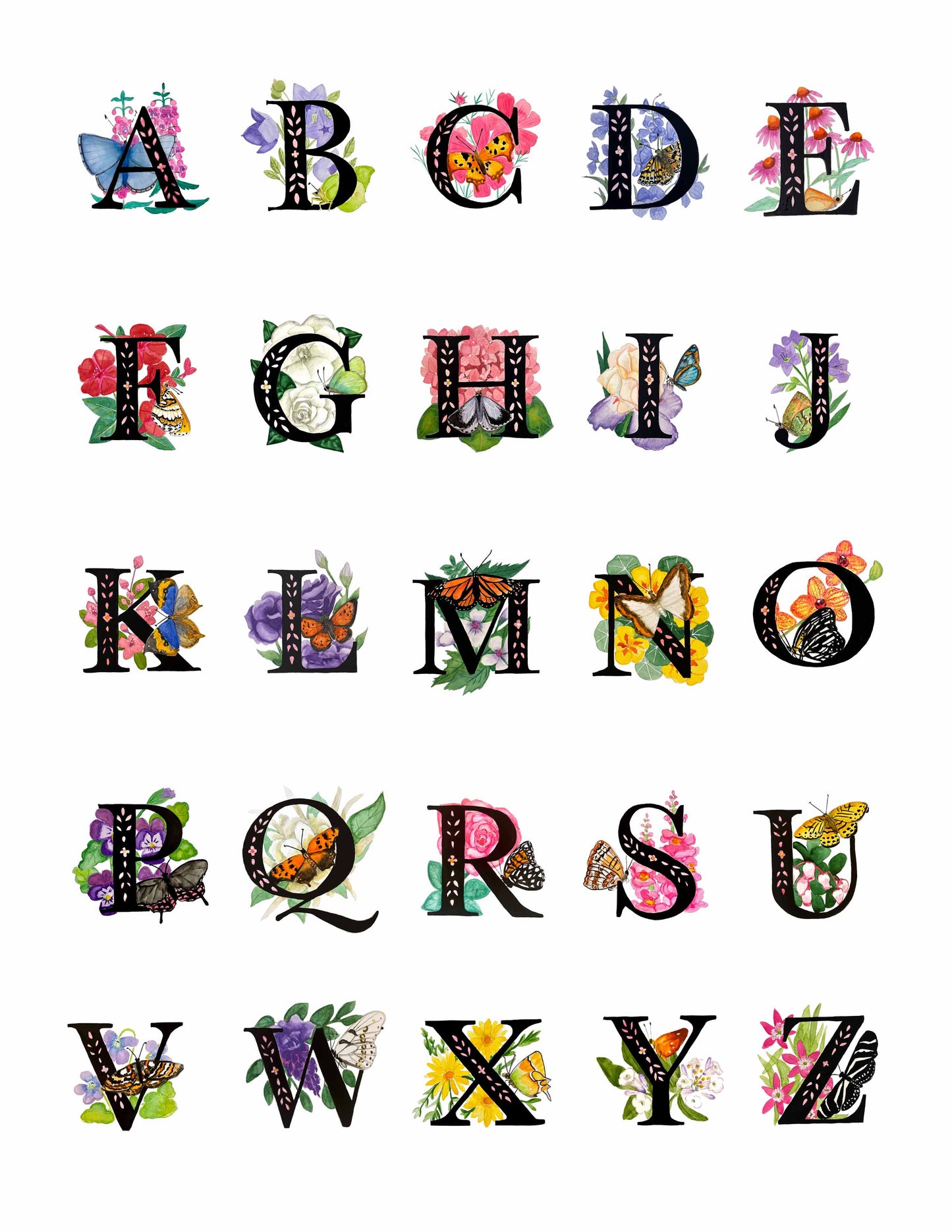 Hand Painted Letter Initials Prints of Original - Butterfly and Floral Themed