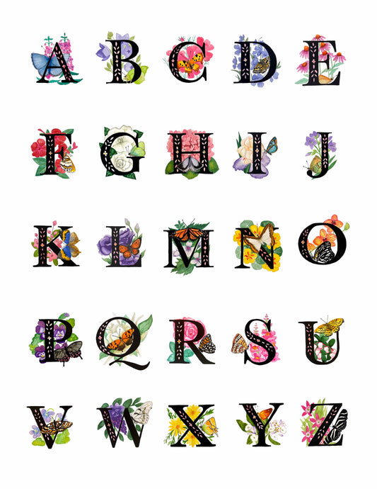 Hand Painted Letter Initials Prints of Original - Butterfly and Floral Themed