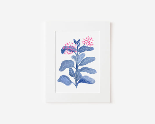 Milkweed Painting in Blue and Pink 5x7 Matted Print