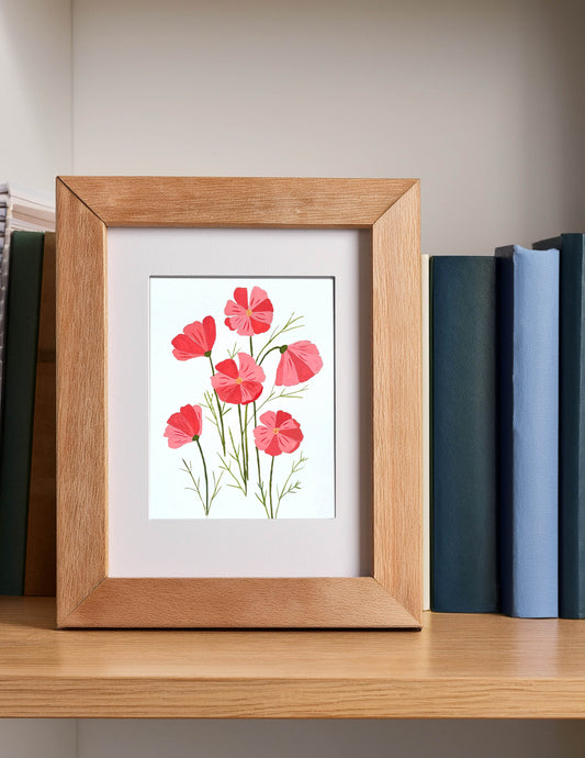 Pink Cosmos Flowers Simplified in Gouache