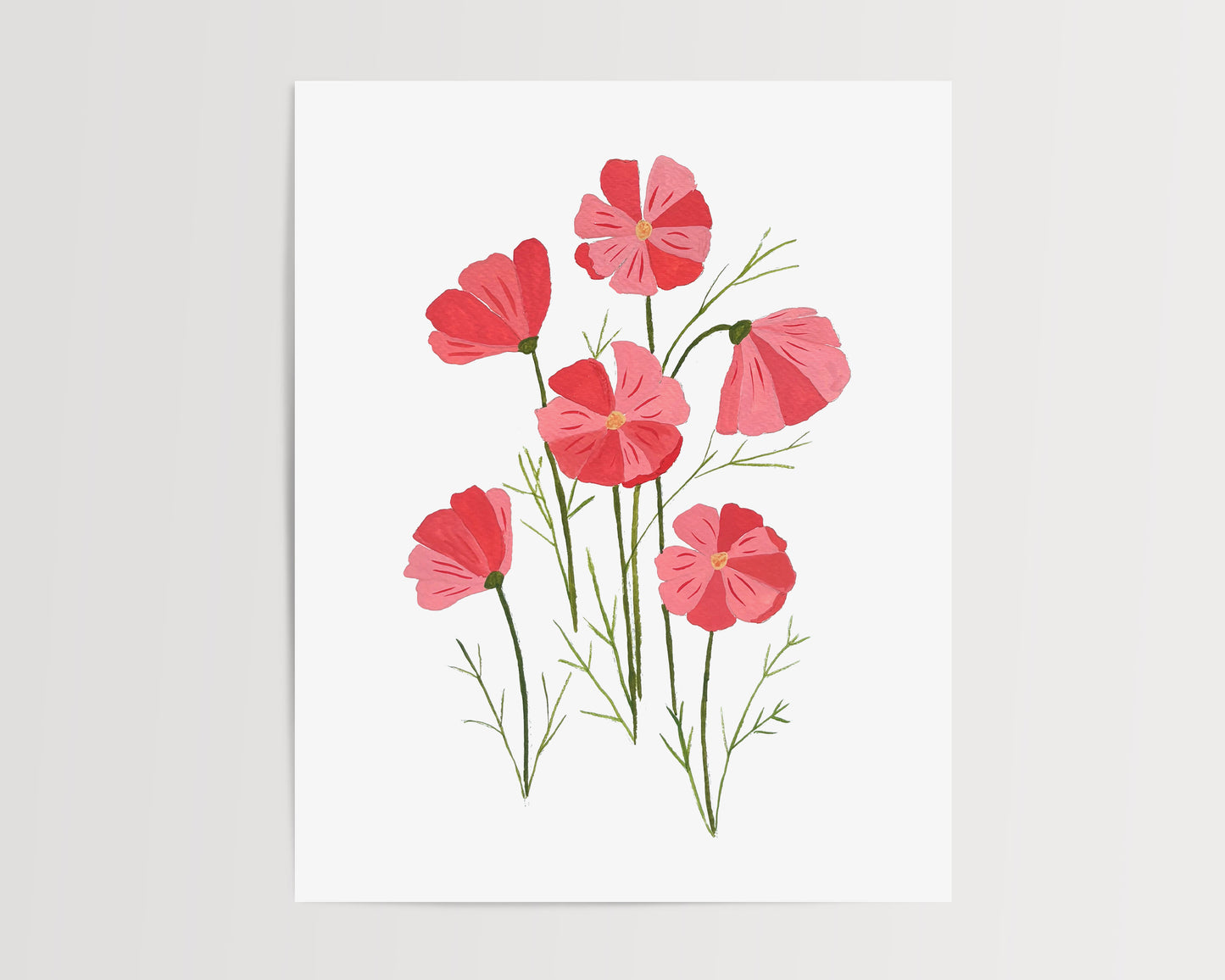 Pink Cosmos Flowers Simplified in Gouache 8x10 Print