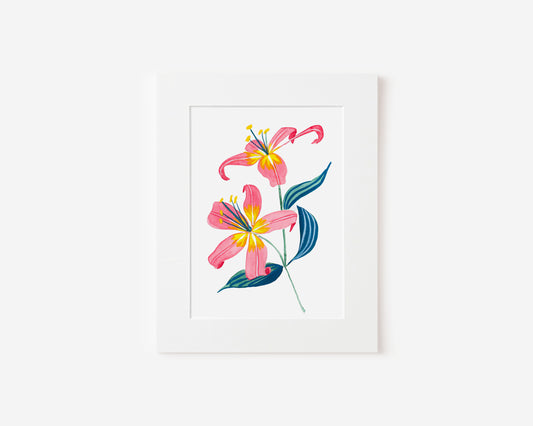 Pink Day Lilies in Gouache 5x7 Matted Print