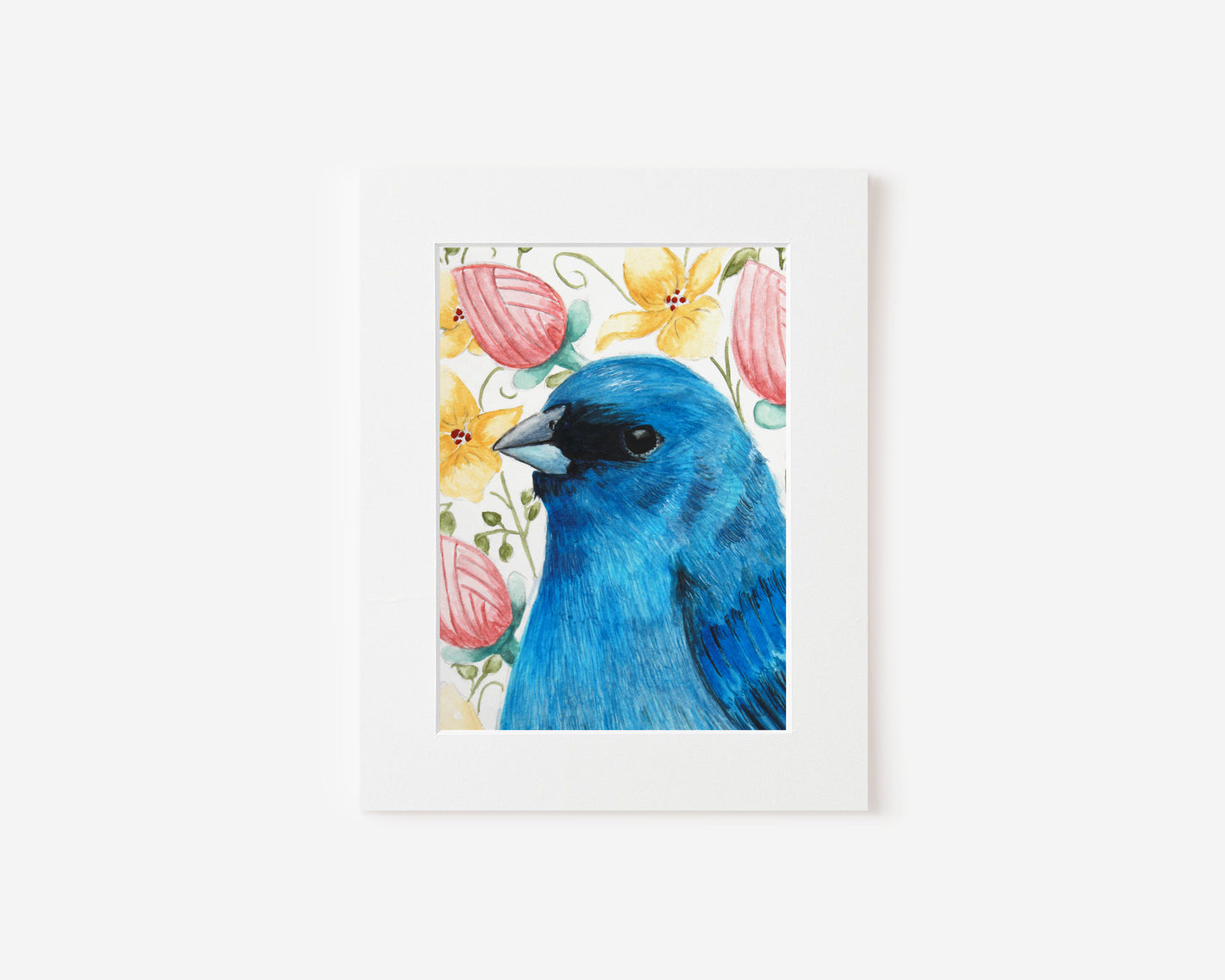 Indigo Bunting Bird Portrait Painting in Watercolor 5x7 Matted Print